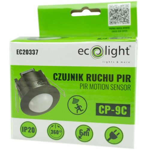 PIR mozgás- és szürkületérzékelő, süllyesztett, 360°, 6 m, beltéri, fekete