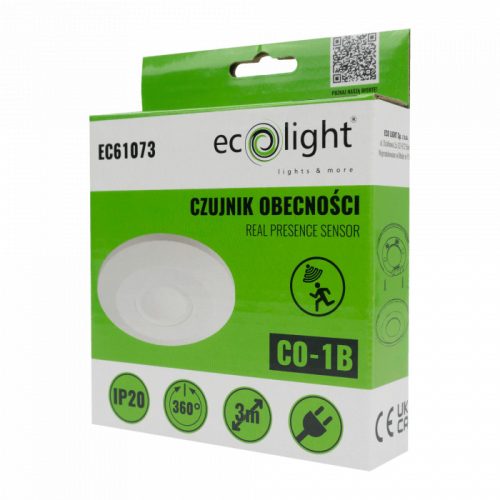 Mozgás- és alkonyérzékelő PIR jelenlétérzékelő, felületre szerelhető, mennyezetre, fehér, 3m, 360° CO, Ecolight