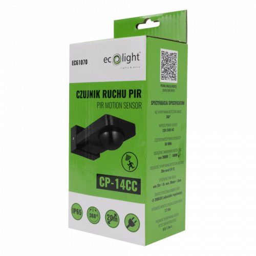 PIR mozgás- és alkonyérzékelő IP44 felületre szerelhető fekete 20m 360° CP Ecolight