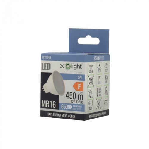 LED izzó reflektor MR16 GU5.3 5W 400lm 6500K Hideg 12V Ecolight