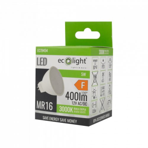 LED izzó spotlámpa MR16 GU5.3 5W 400lm 3000K Meleg 12V Ecolight
