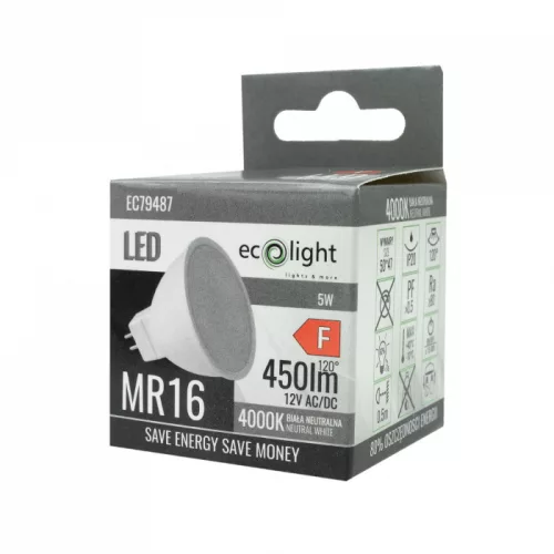 LED izzó reflektor MR16 GU5.3 5W 400lm 4000K semleges 12V Ecolight