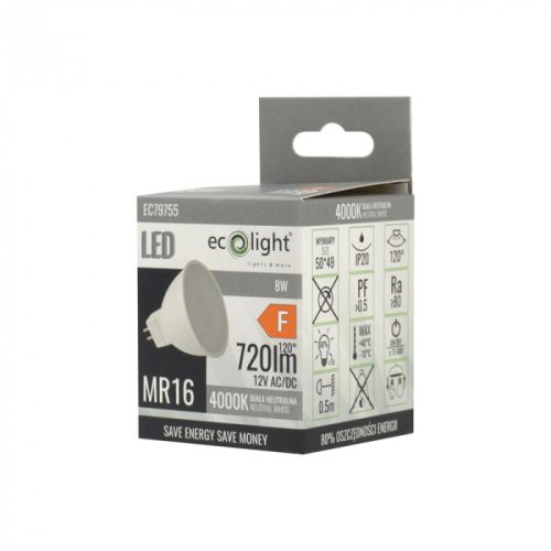 LED izzó reflektor MR16 GU5.3 8W 640lm 4000K semleges 12V Ecolight