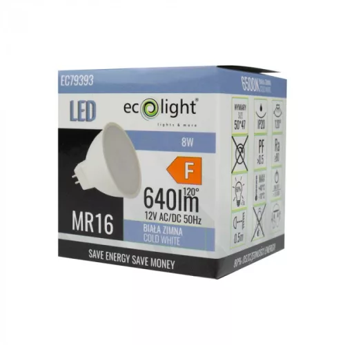 LED izzó reflektor MR16 GU5.3 8W 640lm 6500K Hideg 12V Ecolight