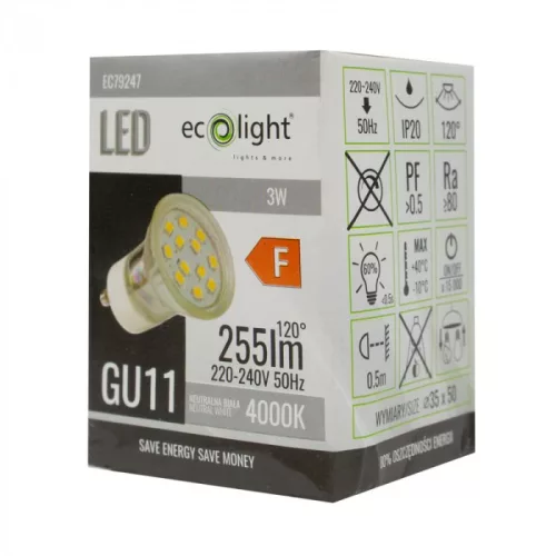 LED izzó spotlámpa GU11 GU10 3W 270lm 4000K semleges Ecolight