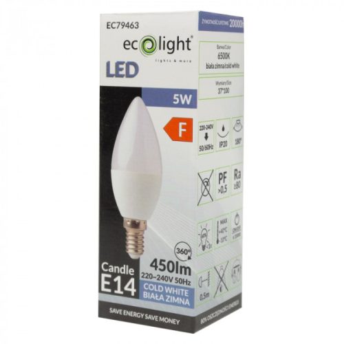 LED gyertyaizzó B37 E14 5W 450lm 6500K hidegfényű ökofény