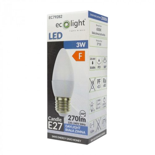 LED gyertyaizzó B37 E27 3W 270lm 6500K hidegfényű ökofény