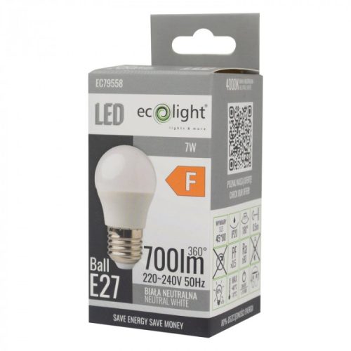 LED gömbizzó P45 E27 7W 630lm 4000K semleges Ecolight