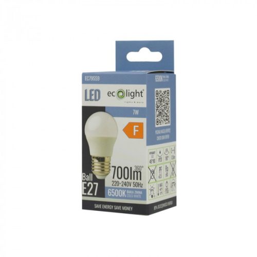 LED gömbizzó P45 E27 7W 630lm 6500K hidegfényű ökofény
