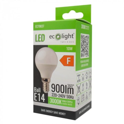 LED izzó gömb alakú P45 E14 10W 900lm 3000K meleg fényű ökofény