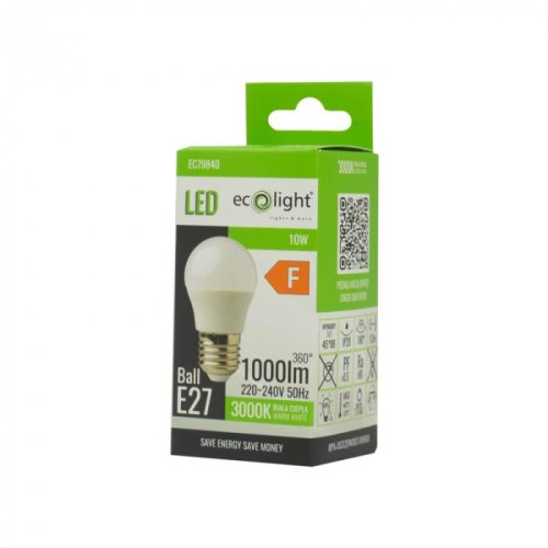 LED gömbizzó P45 E27 10W 900lm 3000K Melegfényű Ecolight