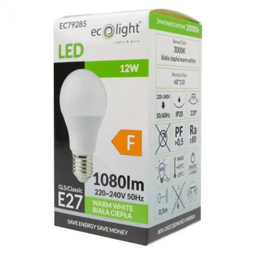 LED izzó A60 E27 12W 1080lm 3000K Meleg ökofény