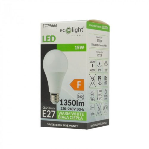 LED izzó A60 E27 15W 1350lm 3000K Melegfényű Ecofény