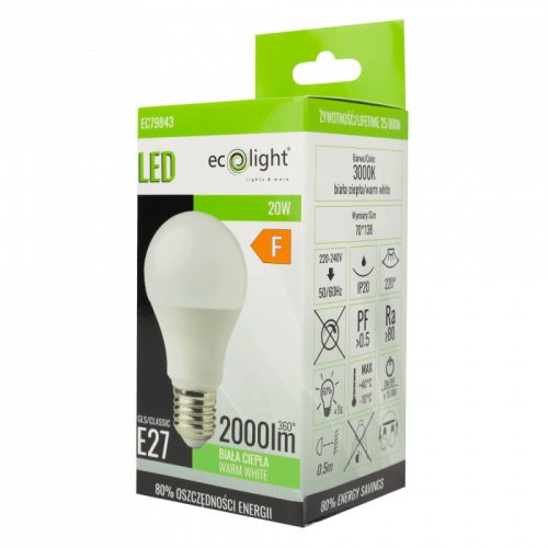 LED izzó A60 E27 20W 1800lm 3000K Meleg Ecofény