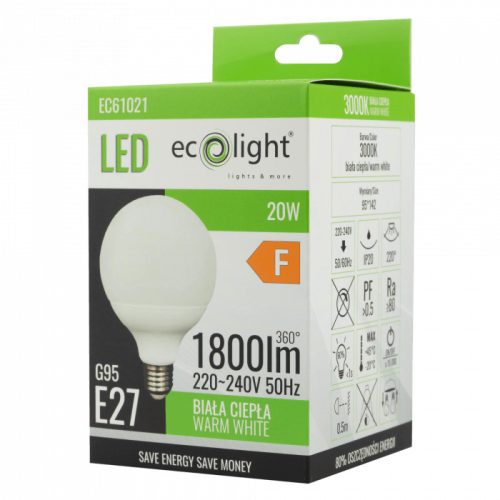 LED izzó gömb alakú G95 E27 20W 1800lm 3000K melegfényű ökofény