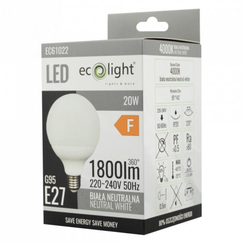 LED izzó gömb alakú G95 E27 20W 1800lm 4000K semleges Ecolight