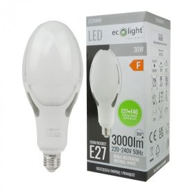   E27 LED izzó 30W 3000lm 4000K semleges Rocket + E40 adapter Ecolight