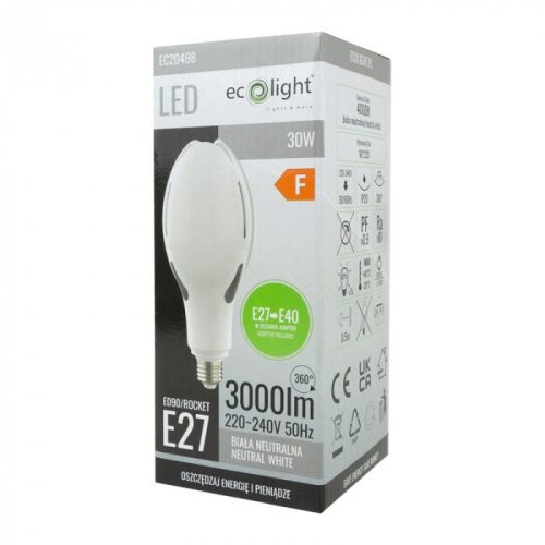 E27 LED izzó 30W 3000lm 4000K semleges Rocket + E40 adapter Ecolight