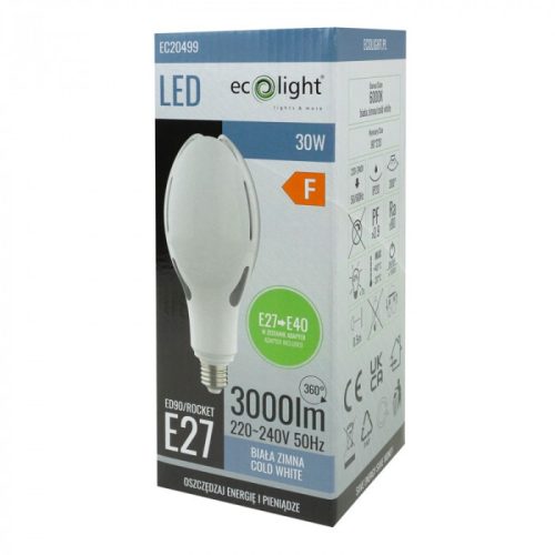 LED izzó E27 30W 3000lm 6000K Cold Rocket + E40 adapter Ecolight