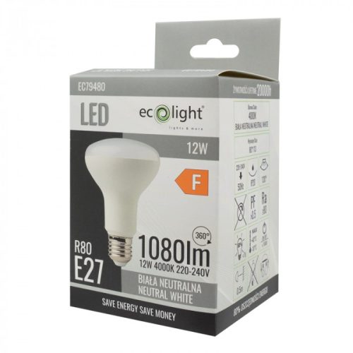LED izzó reflektor R80 E27 12W 1080lm 4000K semleges Ecolight