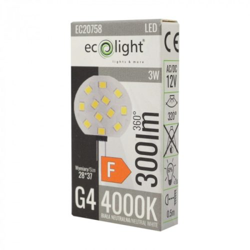 LED kapszulaizzó G4 3W 280lm 4000K semleges 12V Ecolight