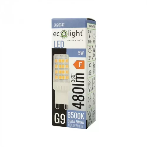 LED izzó G9 kapszula 5W 480lm 6500K hideg fehér 320° fehér Ecolight