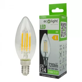   LED gyertyaizzó B35 E14 6W 720lm 2700K Meleg izzószálas Ecolight