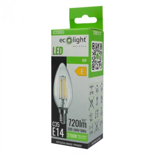 LED gyertyaizzó B35 E14 6W 720lm 2700K Meleg izzószálas Ecolight
