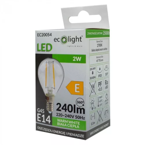 LED izzó gömb P45 E14 2W 240lm 2700K Meleg izzószálas Ecolight
