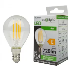   LED izzó gömb P45 E14 6W 720lm 2700K Meleg izzószálas Ecolight