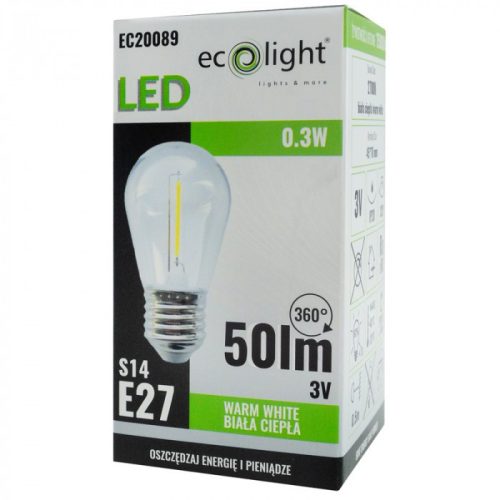 Edison LED izzó S14 E27 0.3W 50lm 2700K Meleg 3V-os izzószálas Ecolight
