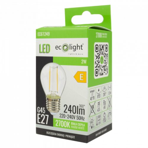 LED izzó gömb P45 E27 2W 240lm 2700K Meleg izzószálas Ecolight