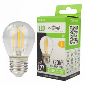   LED izzó gömb alakú P45 E27 6W 720lm 2700K Meleg izzószálas Ecolight