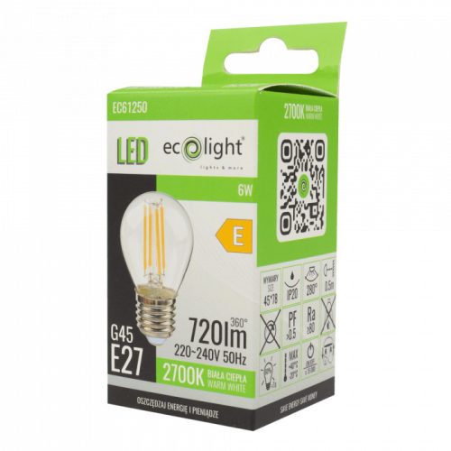 LED izzó gömb alakú P45 E27 6W 720lm 2700K Meleg izzószálas Ecolight