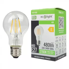   LED izzó A60 E27 4W 480lm 2700K Meleg színhőmérsékletű FILAMENTES Ecolight