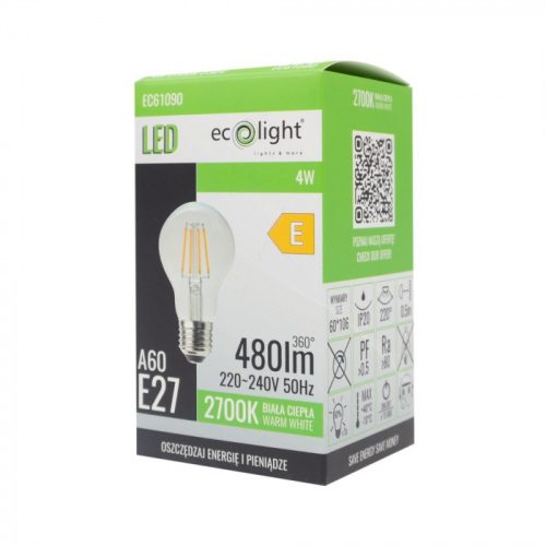 LED izzó A60 E27 4W 480lm 2700K Meleg színhőmérsékletű FILAMENTES Ecolight