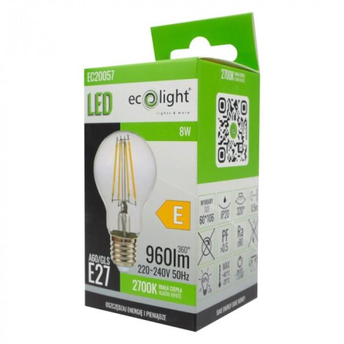 LED izzó A60 E27 8W 960lm 2700K Meleg színhőmérsékletű FILAMENT Ecolight