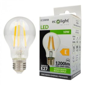   LED izzó A60 E27 10W 1200lm 2700K Meleg színhőmérsékletű FILAMENT Ecolight
