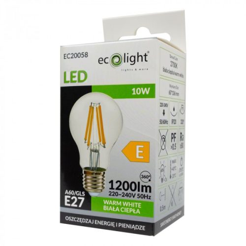 LED izzó A60 E27 10W 1200lm 2700K Meleg színhőmérsékletű FILAMENT Ecolight