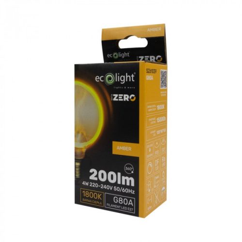 LED gömbizzó G80 E27 4W 200lm 1800K Meleg izzószálas dekoratív ZERO Ecolight