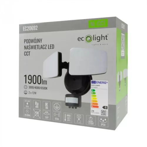 LED reflektor halogén lámpa 24W 950lm 3000/4000/6500K CCT fekete IP54 mozgásérzékelővel NL-CCT Ecolight