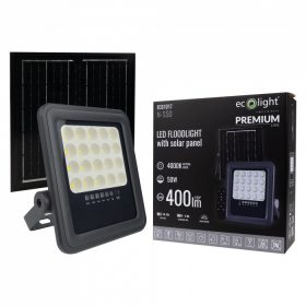   LED reflektor, napelemes spotlámpa, 50W, 900lm, 4000K, semleges fényerejű, IP65, alkonykapcsolóval + Ecolight távirányítóval
