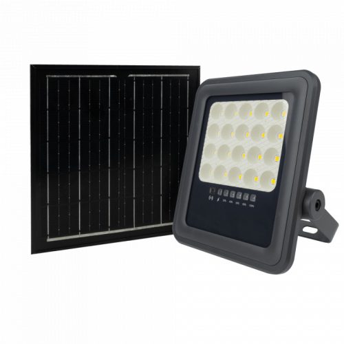 LED reflektor, napelemes spotlámpa, 50W, 900lm, 4000K, semleges fényerejű, IP65, alkonykapcsolóval + Ecolight távirányítóval