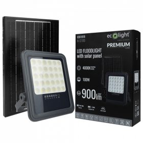   LED reflektor, napelemes spotlámpa, 100W, 900lm, 4000K, semleges fényerejű, IP65, alkonykapcsolóval + Ecolight távirányítóval