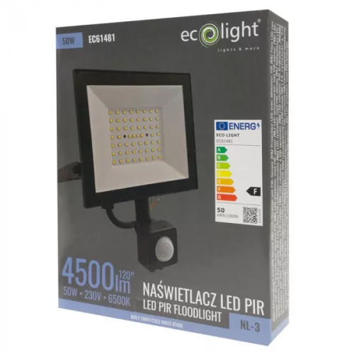 LED reflektor 50W 4500lm 6500K Hidegfény IP54 mozgás- és alkonyérzékelővel NL-3 Ecolight