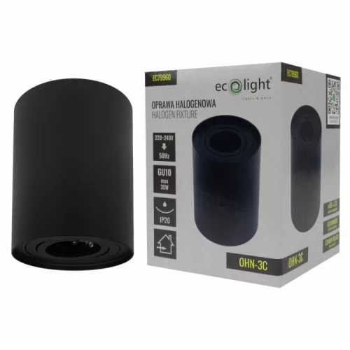 Felületre szerelhető halogén spot henger lámpatest GU10 kerek fekete OHN-3C N/T Ecolight