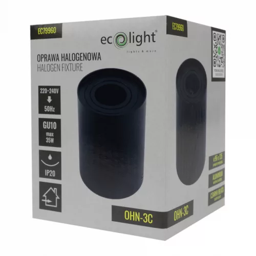 Felületre szerelhető halogén spot henger lámpatest GU10 kerek fekete OHN-3C N/T Ecolight