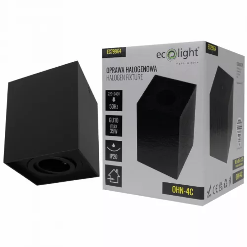 Felületre szerelhető halogén spot henger lámpatest GU10 négyzet alakú fekete OHN-4C N/T Ecolight