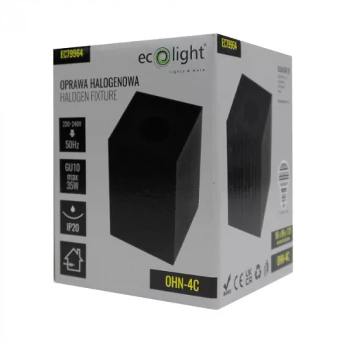 Felületre szerelhető halogén spot henger lámpatest GU10 négyzet alakú fekete OHN-4C N/T Ecolight