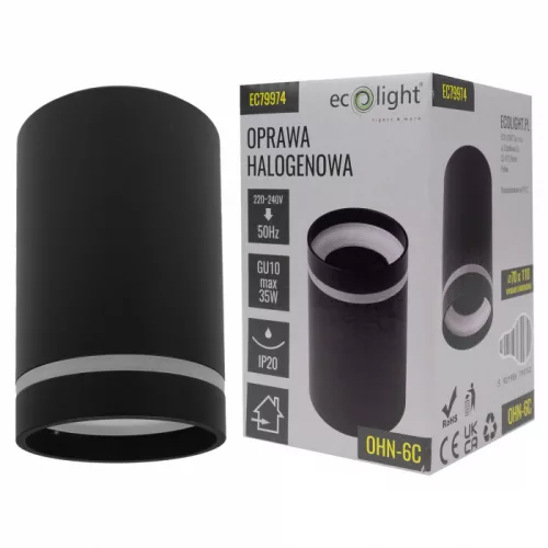Felületre szerelhető halogén spot henger lámpatest GU10 kerek fekete OHN-6C N/T Ecolight